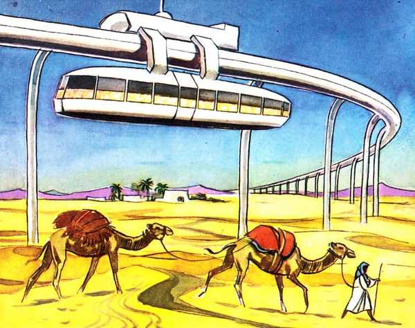 Suspension railway over the Sahara: suspended 15 meters high, The world of tomorrow, Birkel scrapbook, 1959, Unknown Artist.
