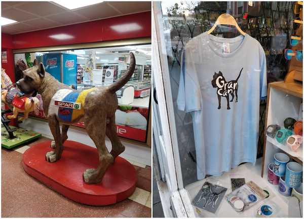 A big dog (Great Can) sculpture and t-shirt, Gran Canaria.